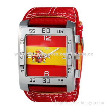 Big Face Unisex Spain Flag Print Rectangular Analog Quartz Watch with Faux Leather Strap (Red)